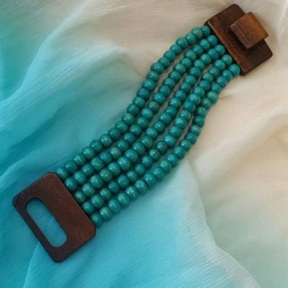 Hypoallergenic Jewelry Stretchy Woodmade Bracelet Eco Blue Tropical - Picture 3 of 4